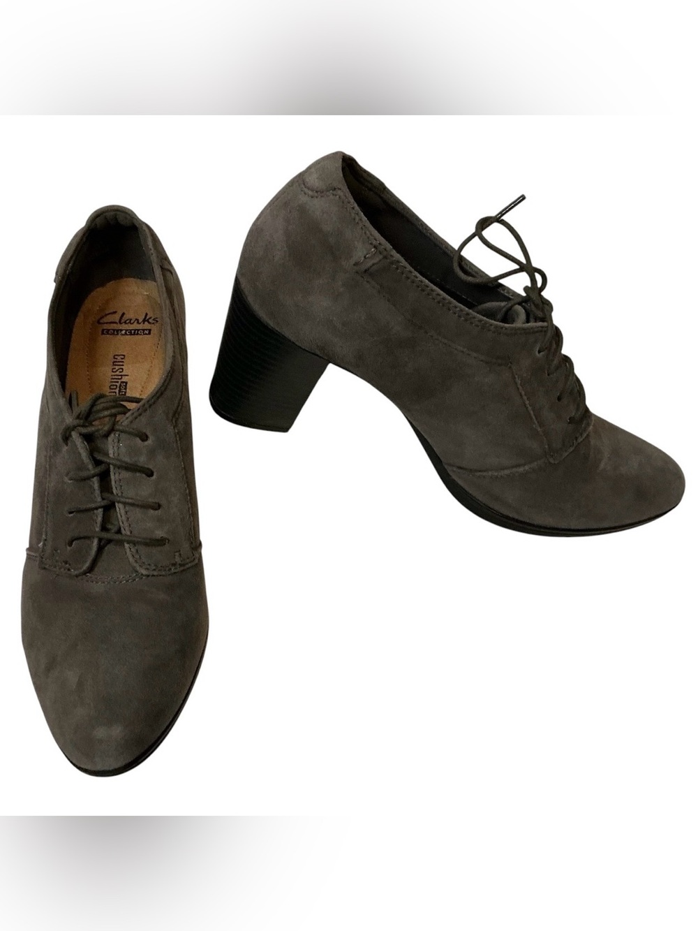 Clarks Araya Hale Women’s 9 Gray Suede Oxford Lace Up Block Heel Shoes 3”